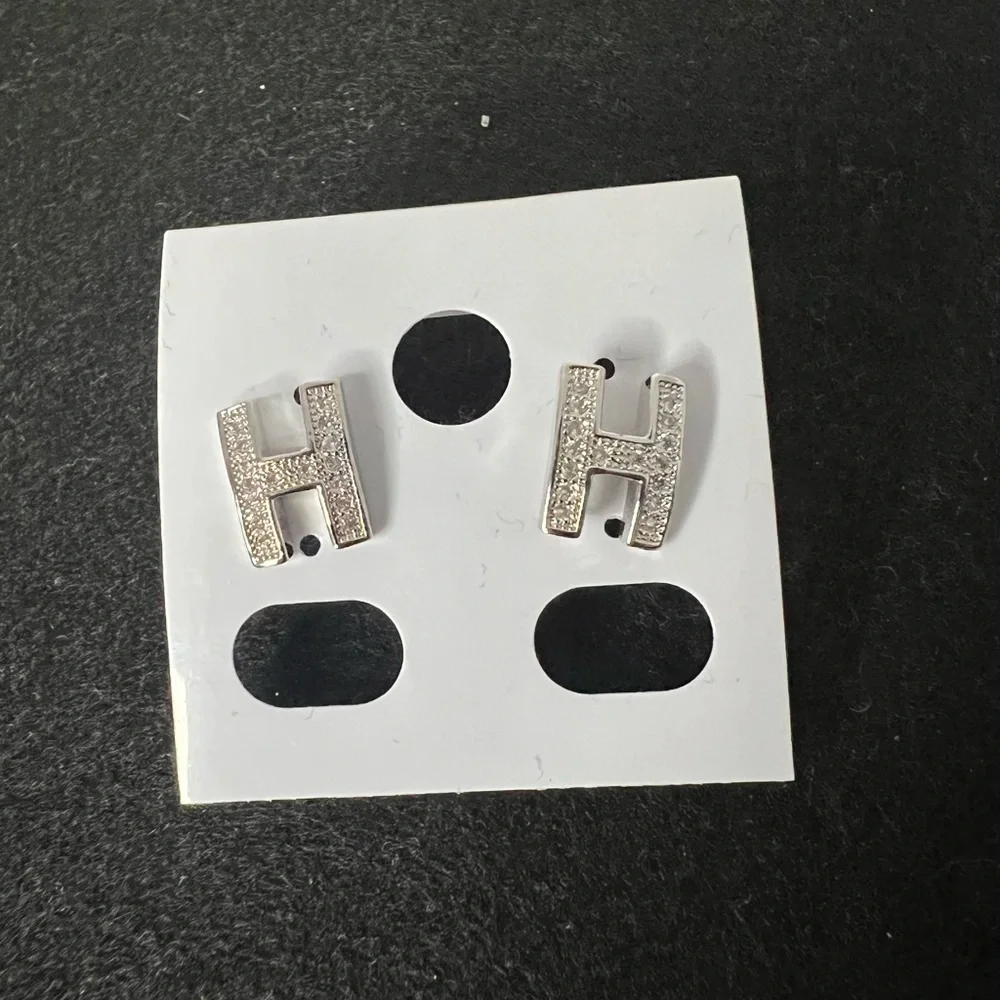 Micro Paved Silver Letter H Stud Earrings New - Picture 7 of 7